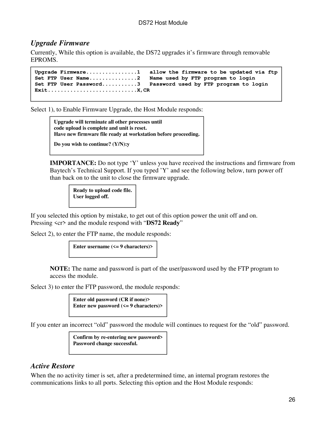 Bay Technical Associates DS72 manual Upgrade Firmware, Active Restore 