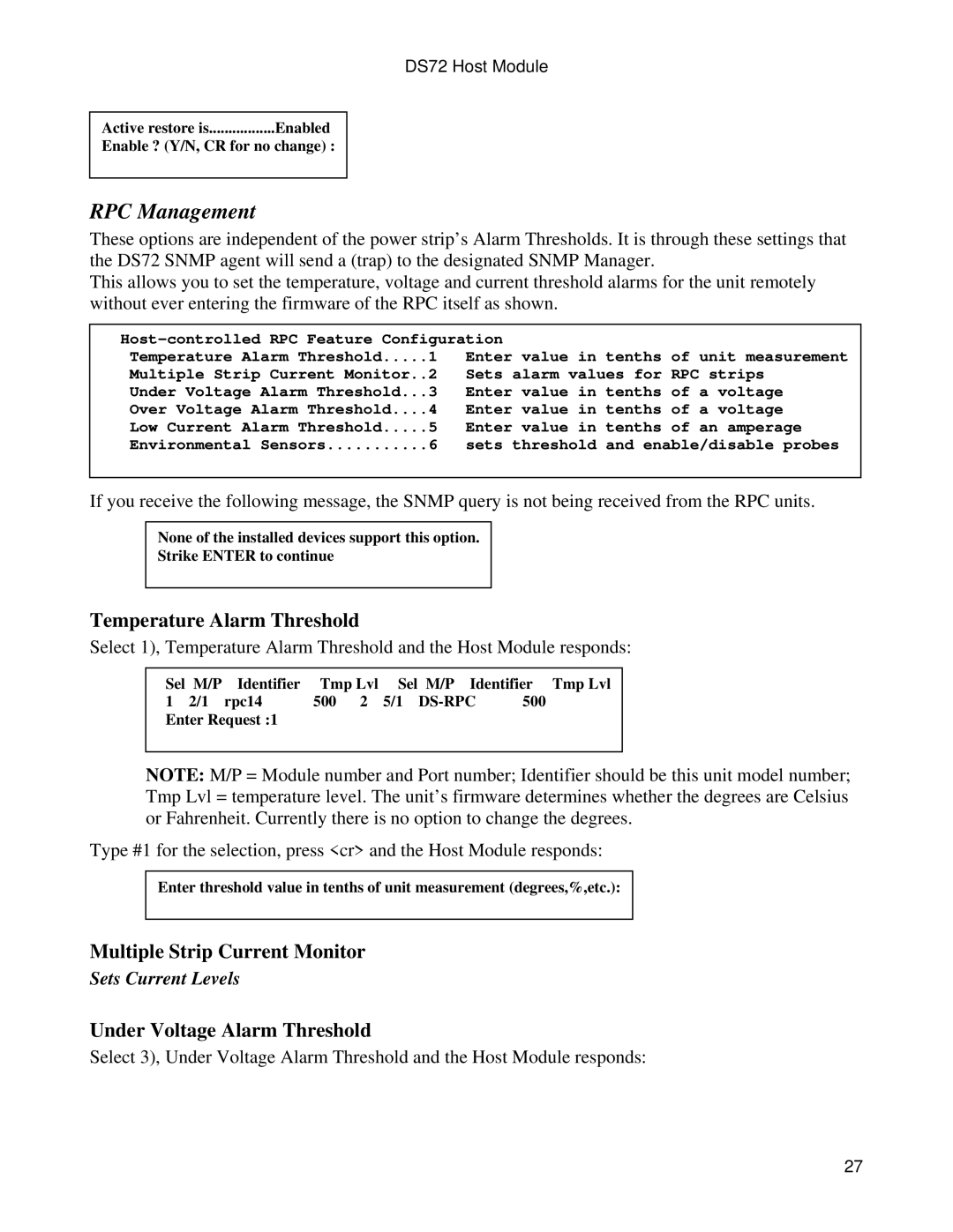 Bay Technical Associates DS72 manual RPC Management, Temperature Alarm Threshold, Multiple Strip Current Monitor 