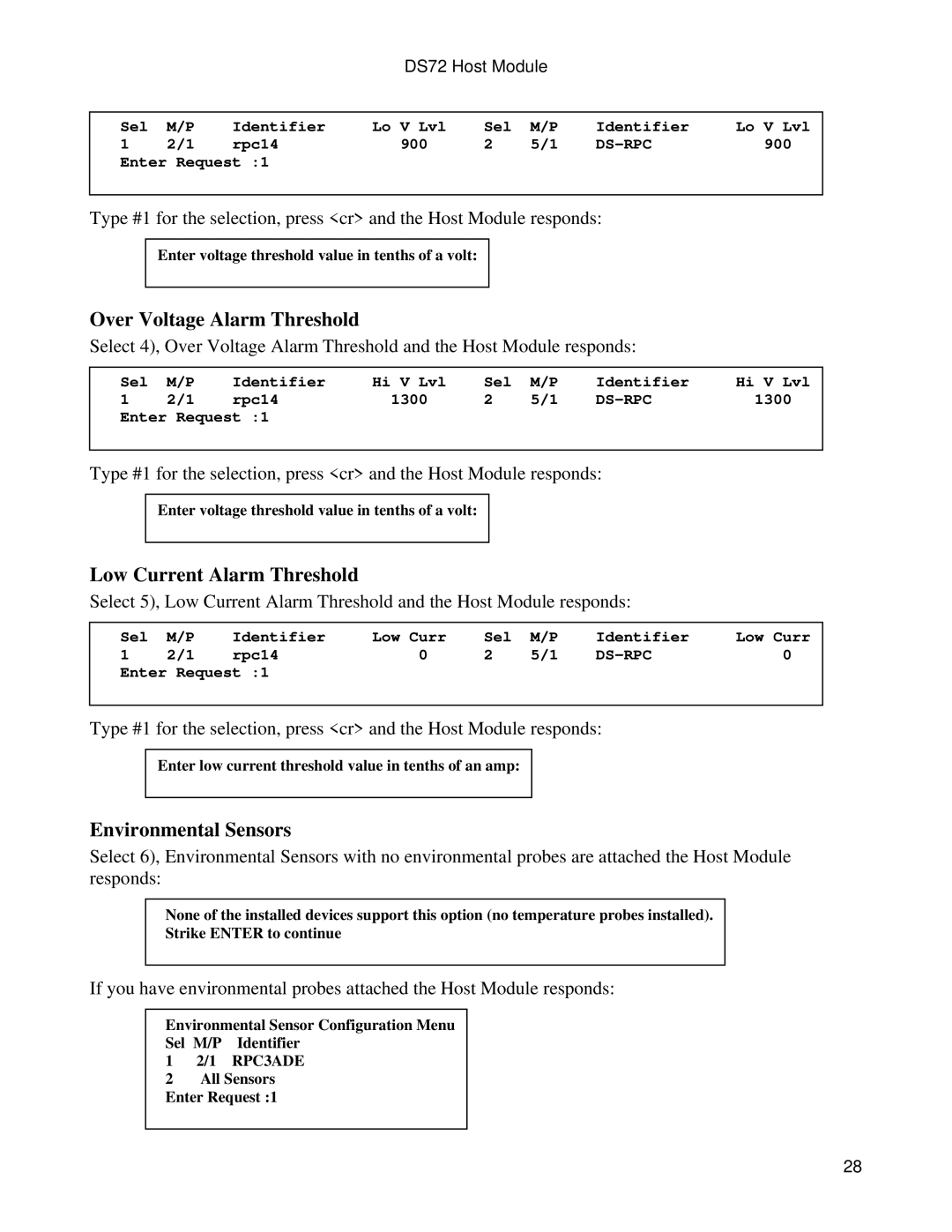 Bay Technical Associates DS72 manual Over Voltage Alarm Threshold, Low Current Alarm Threshold, Environmental Sensors 