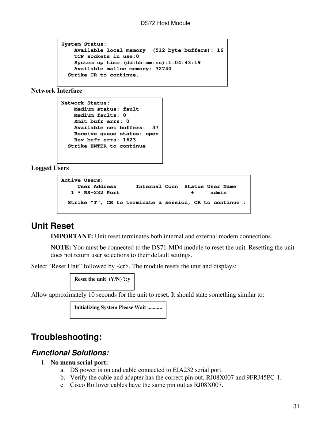 Bay Technical Associates DS72 manual Unit Reset, Troubleshooting, Network Interface, Logged Users, No menu serial port 