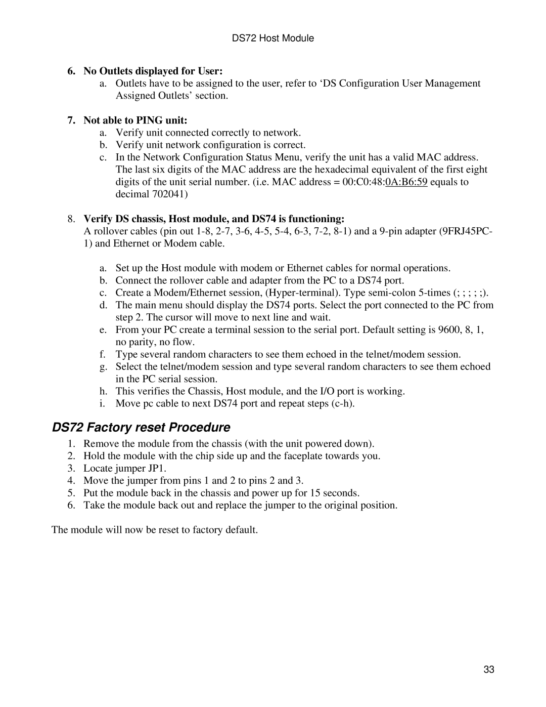 Bay Technical Associates DS72 manual No Outlets displayed for User, Not able to Ping unit 