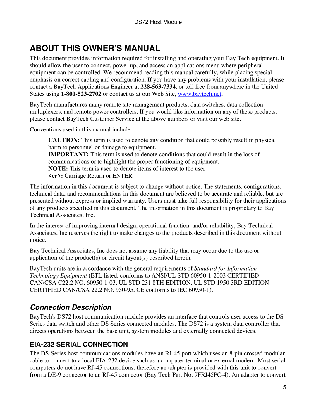 Bay Technical Associates DS72 manual Connection Description 