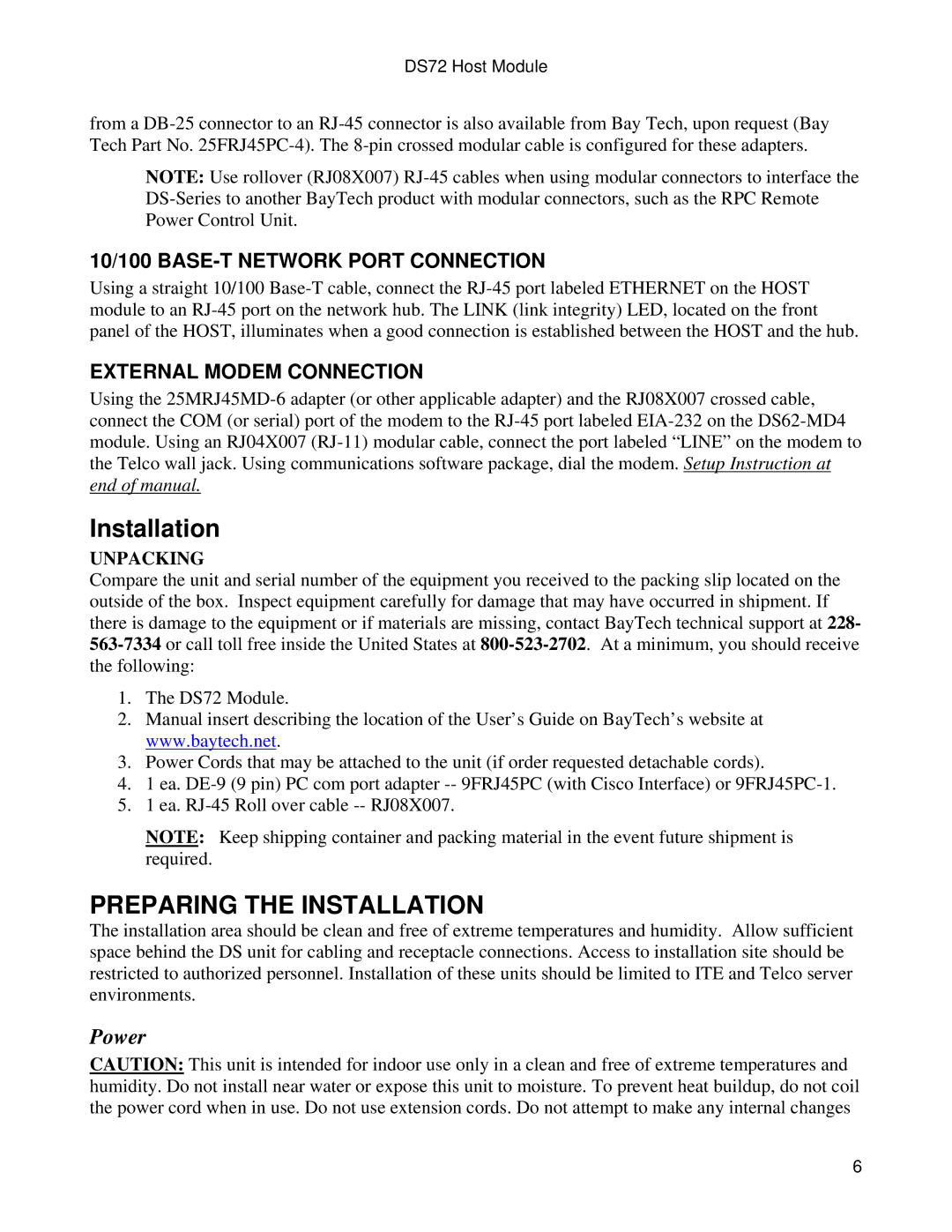 Bay Technical Associates DS72 manual Installation, Power 