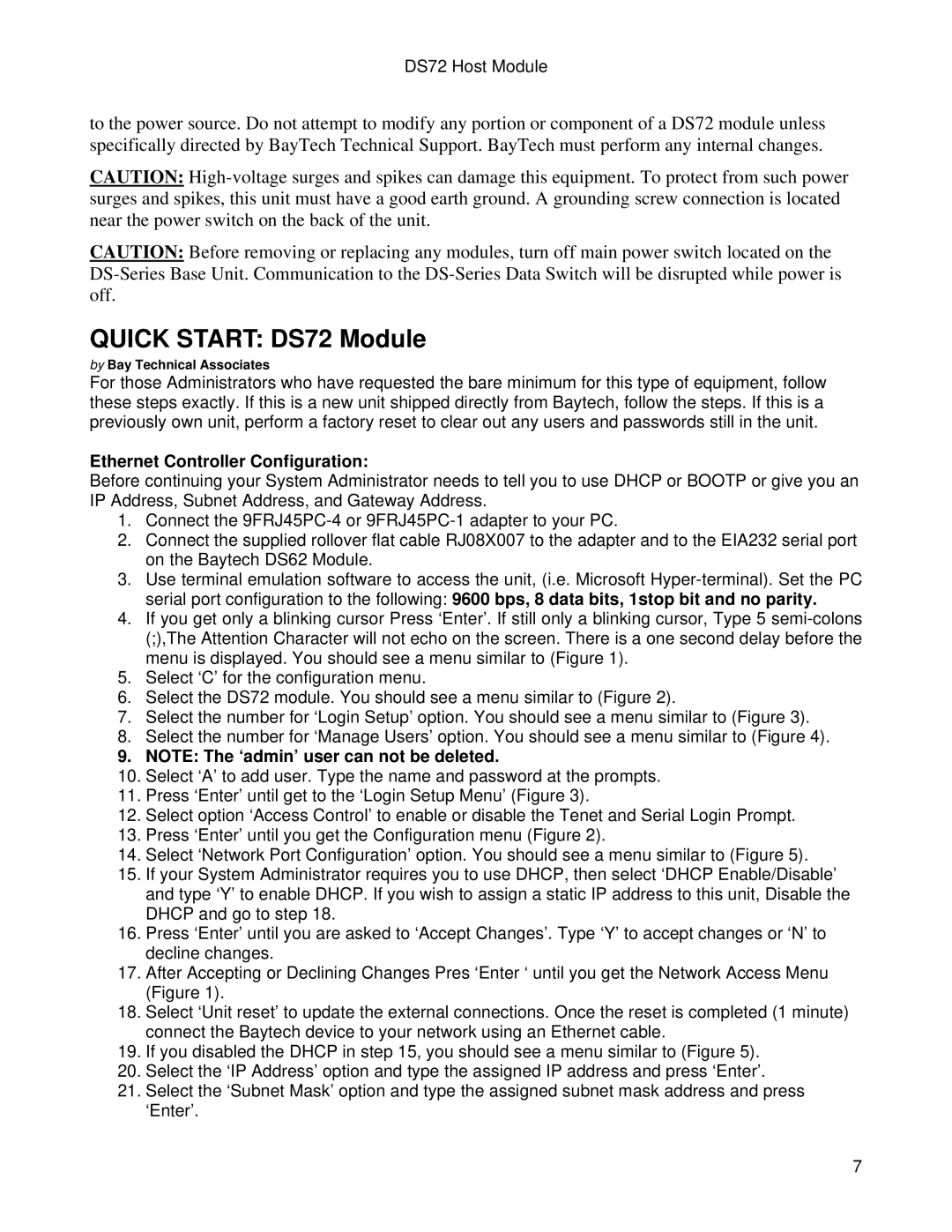 Bay Technical Associates manual Quick Start DS72 Module, Ethernet Controller Configuration 