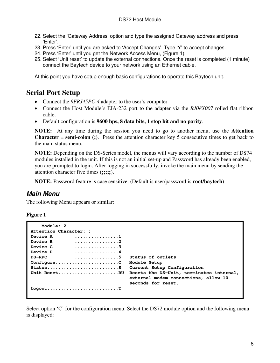 Bay Technical Associates DS72 manual Serial Port Setup, Main Menu 