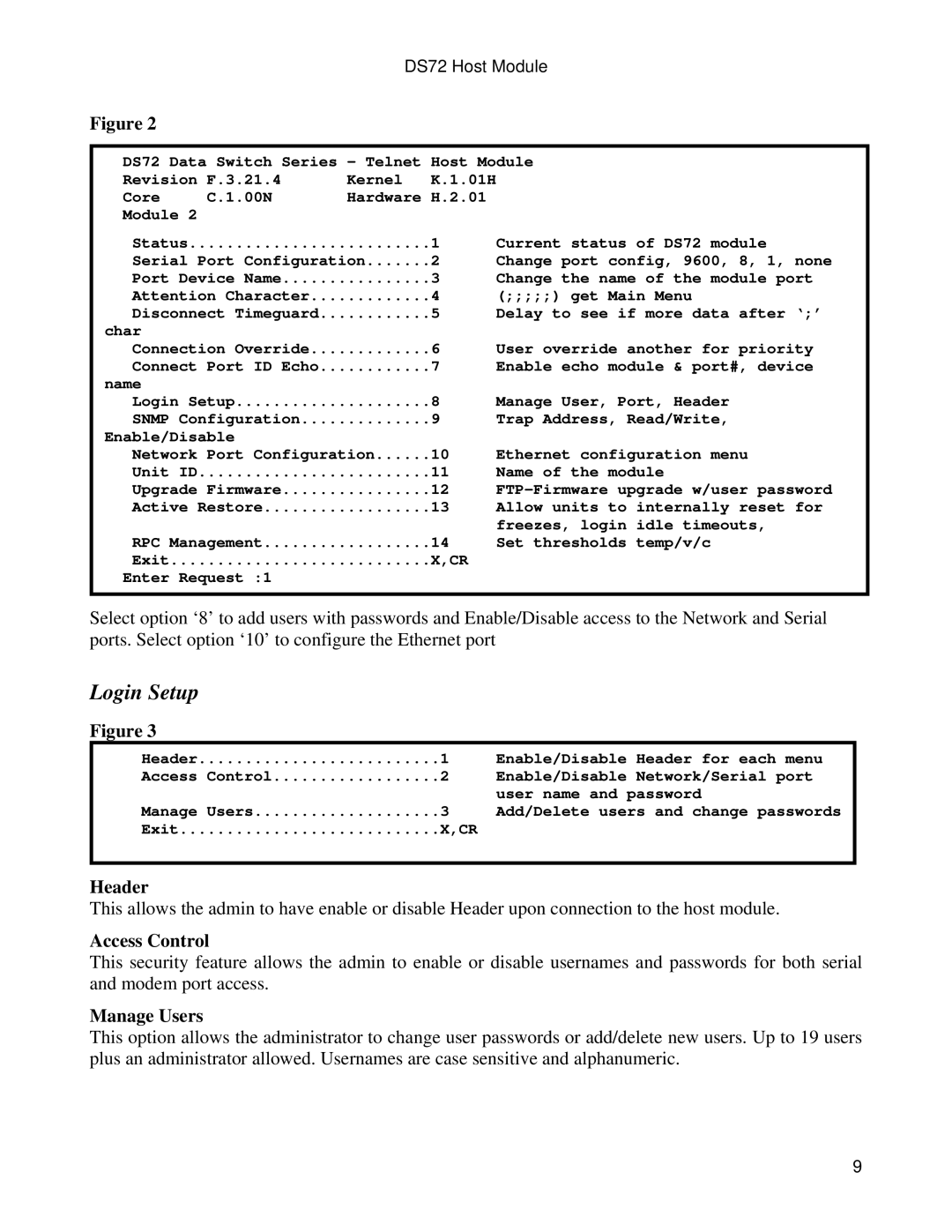 Bay Technical Associates DS72 manual Login Setup, Header, Access Control, Manage Users 