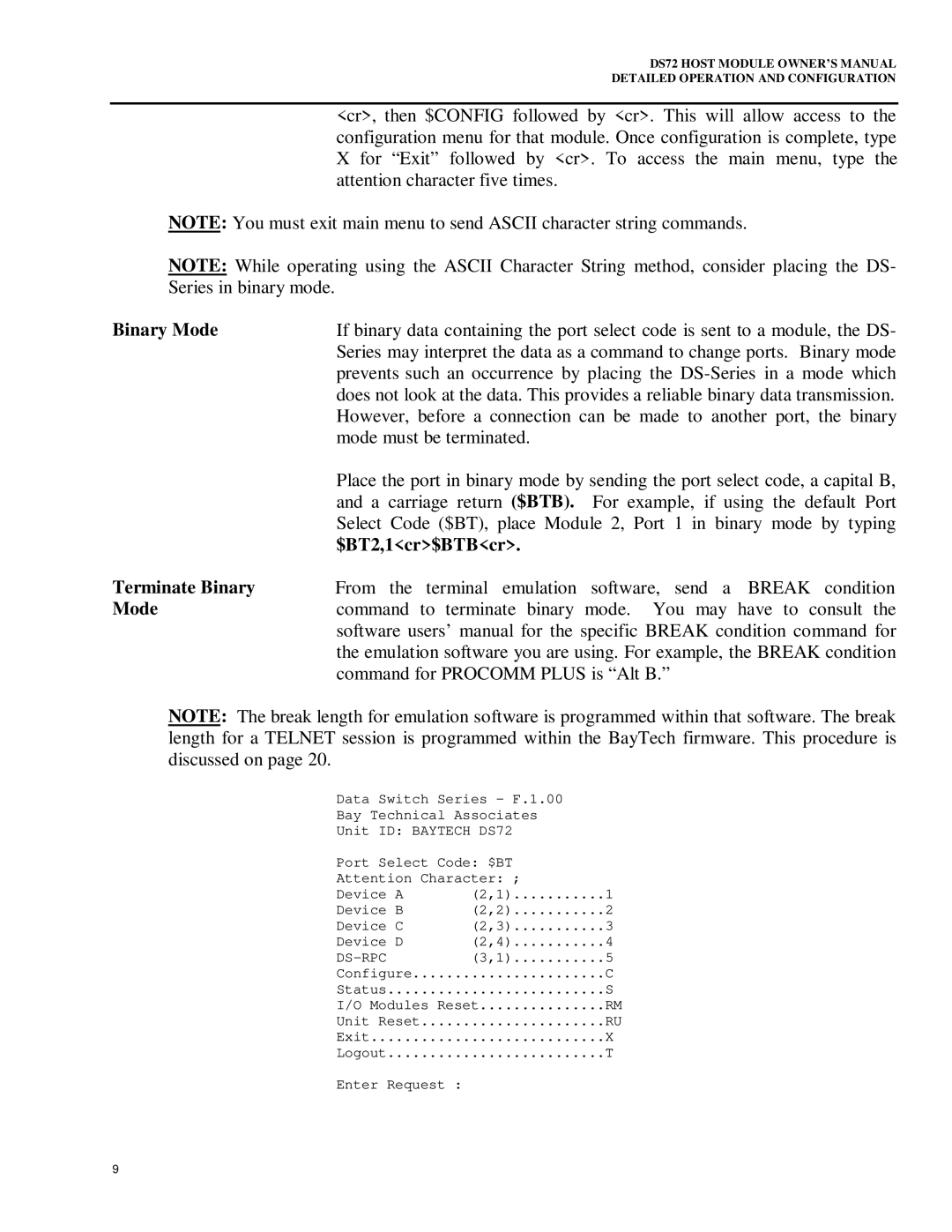 Bay Technical Associates DS72 owner manual Binary Mode, $BT2,1cr$BTBcr Terminate Binary 