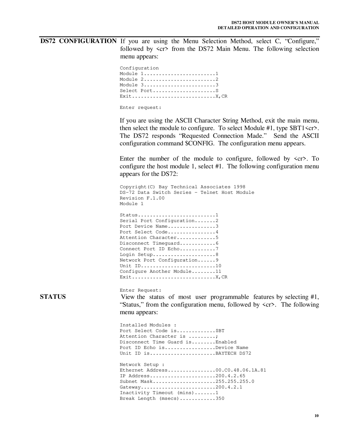 Bay Technical Associates DS72 responds Requested Connection Made. Send the Ascii, Appears for the DS72, Status 