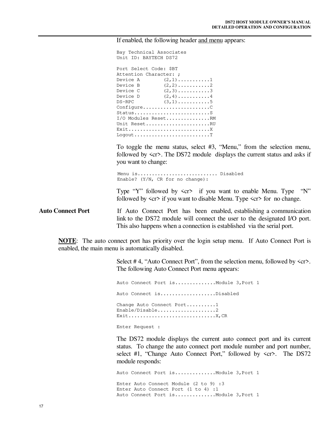 Bay Technical Associates DS72 owner manual If enabled, the following header and menu appears, Auto Connect Port 