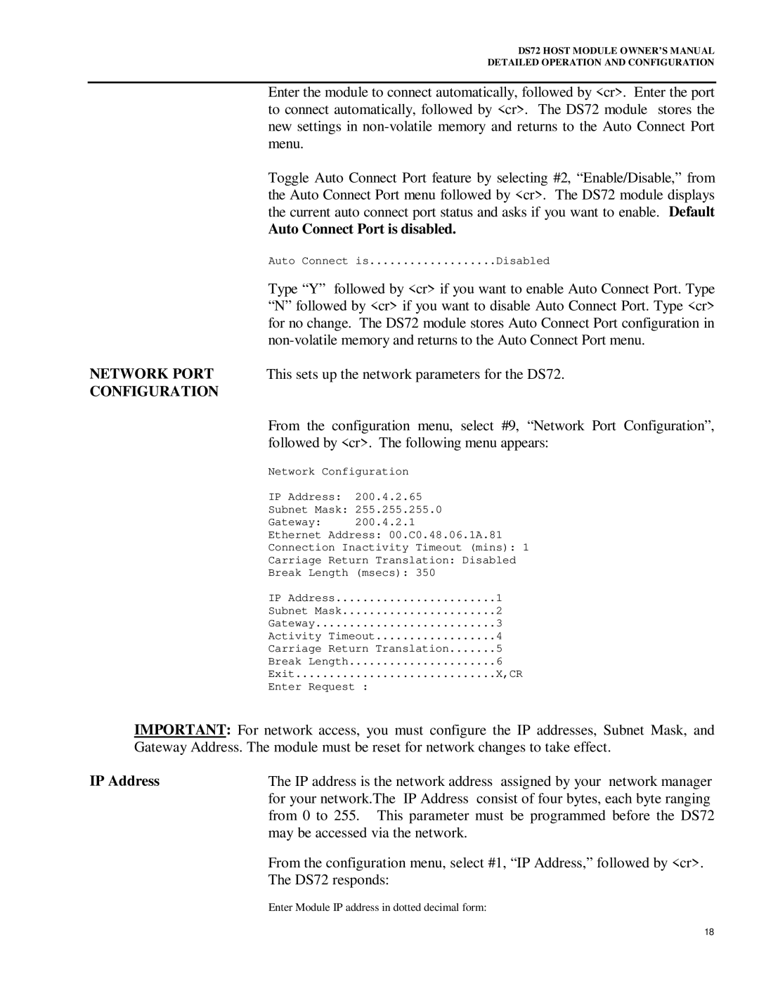 Bay Technical Associates DS72 owner manual Auto Connect Port is disabled, Network Port, Configuration, IP Address 