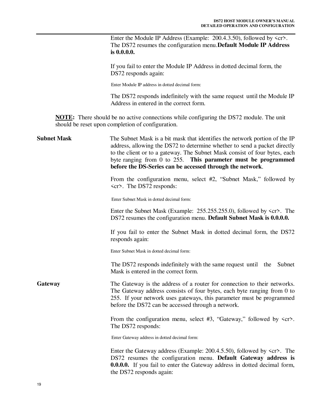 Bay Technical Associates DS72 owner manual Subnet Mask, Before the DS-Series can be accessed through the network, Gateway 