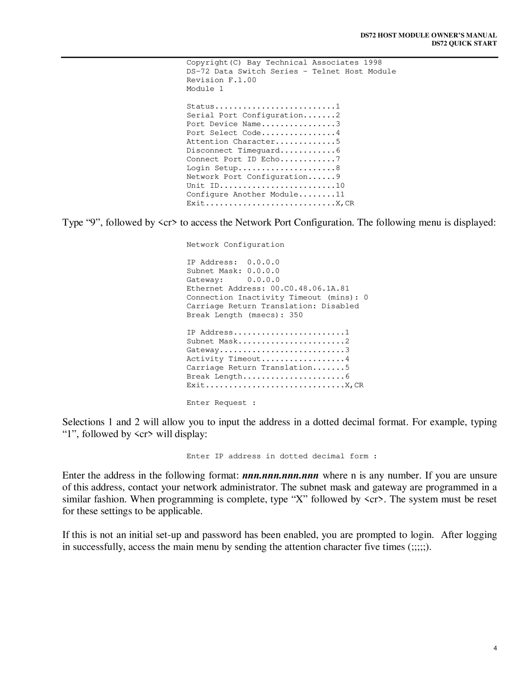 Bay Technical Associates DS72 owner manual Enter IP address in dotted decimal form 