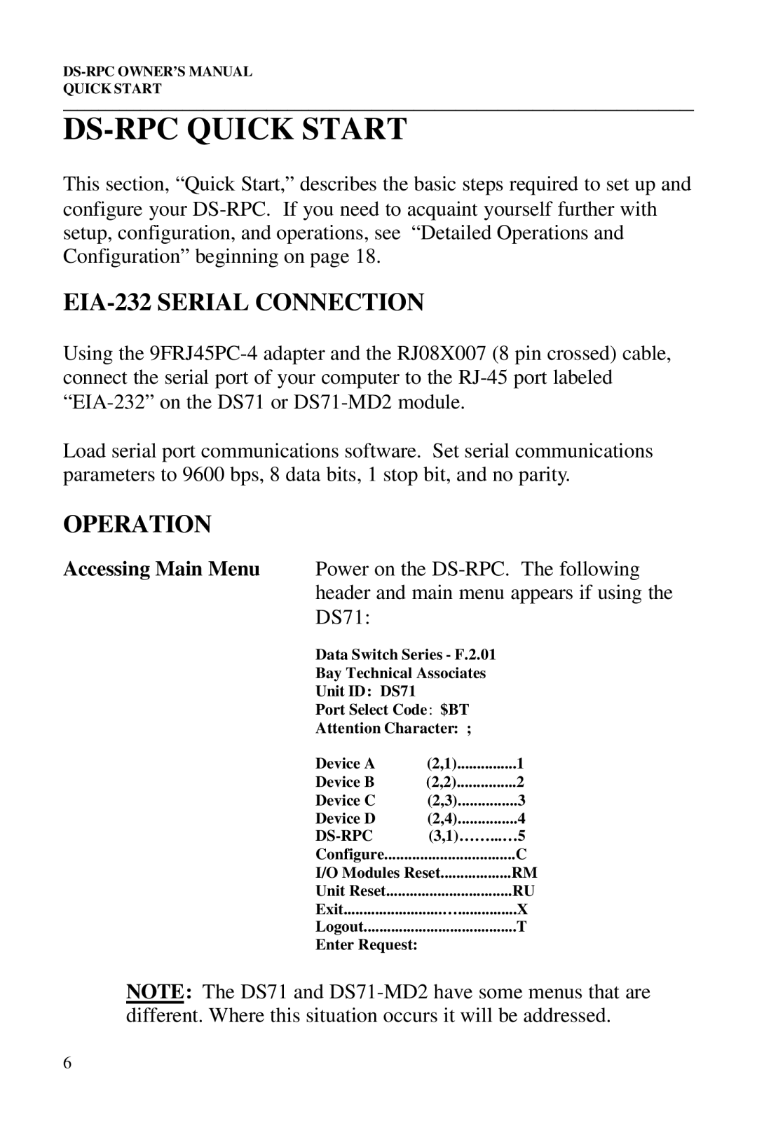 Bay Technical Associates DS2-RPC DS4-RPC, DS73, DS2-RPC, DS4-RPC DS-RPC Quick Start, EIA-232 Serial Connection, Operation 