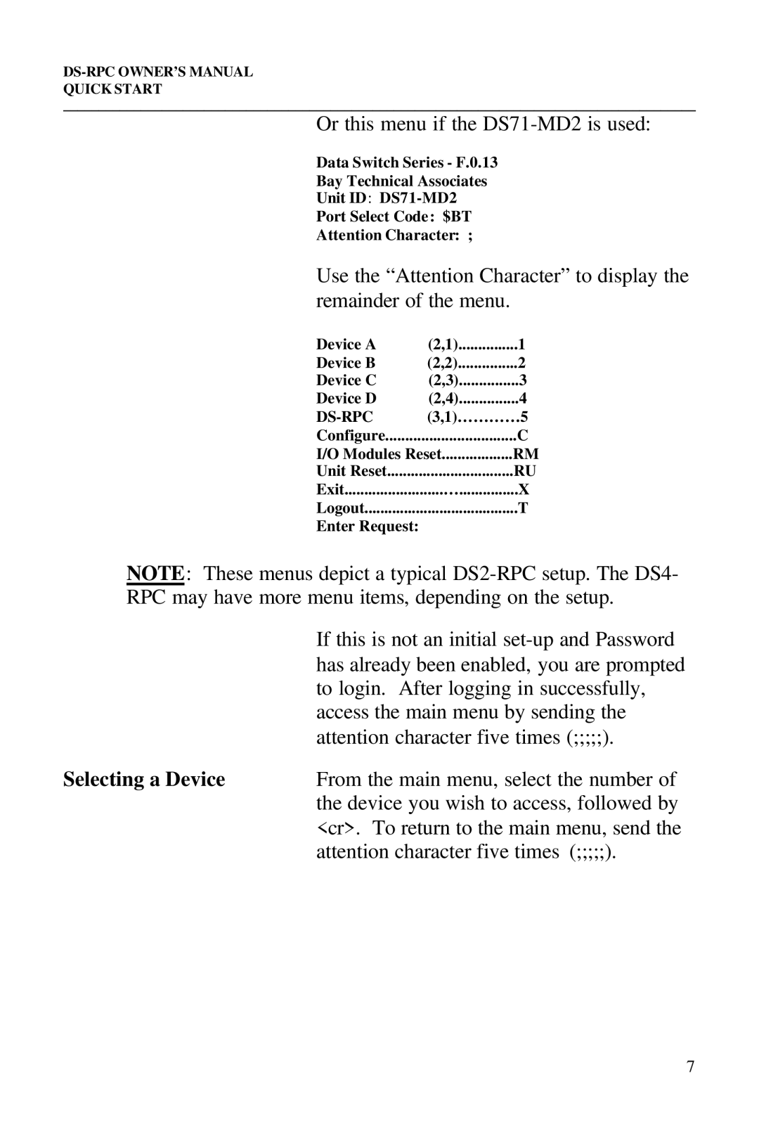 Bay Technical Associates DS73, DS2-RPC, DS4-RPC, DS2-RPC DS4-RPC owner manual Selecting a Device 