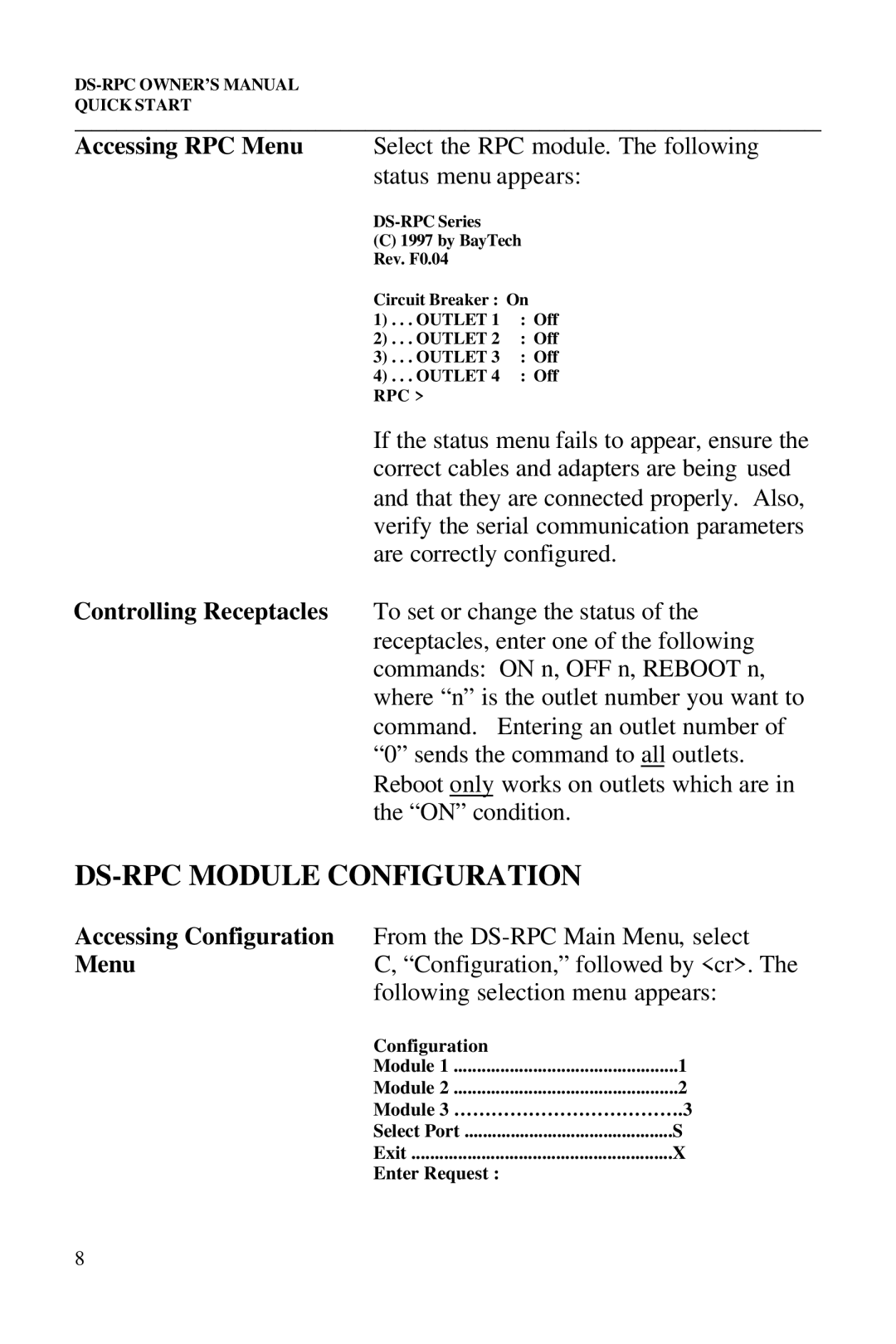 Bay Technical Associates DS2-RPC, DS4-RPC, DS73, DS2-RPC DS4-RPC owner manual DS-RPC Module Configuration 