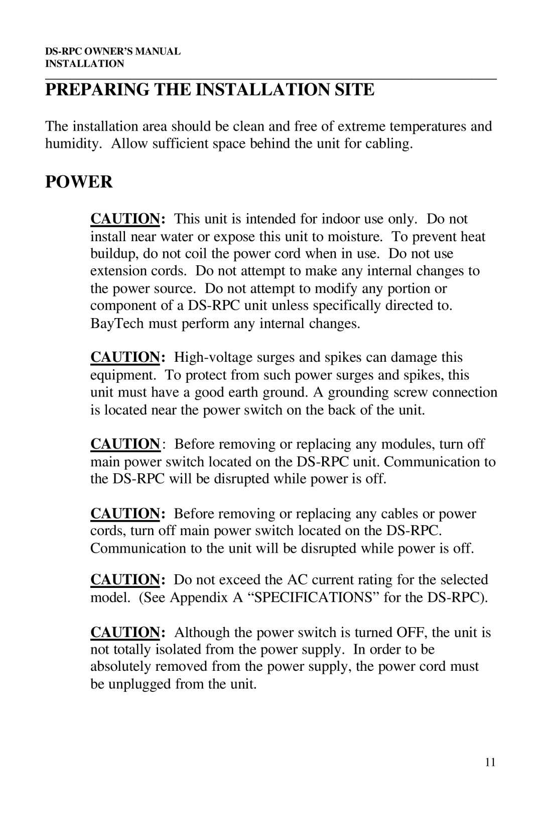 Bay Technical Associates DS2-RPC, DS4-RPC, DS73, DS2-RPC DS4-RPC owner manual Preparing the Installation Site, Power 