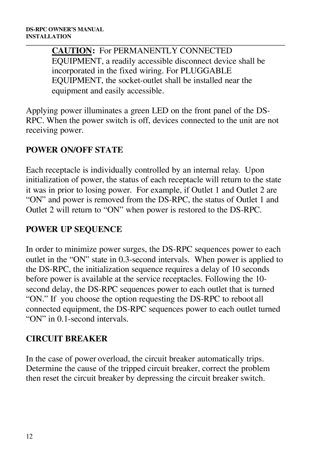 Bay Technical Associates DS2-RPC DS4-RPC, DS73, DS2-RPC, DS4-RPC Power ON/OFF State, Power UP Sequence, Circuit Breaker 