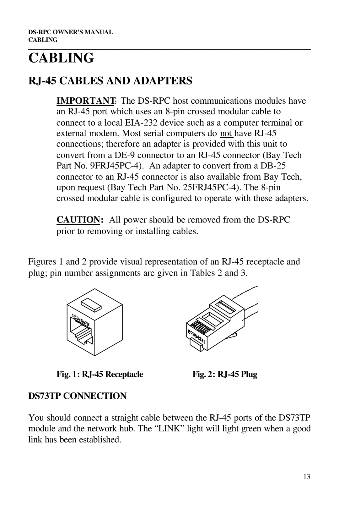 Bay Technical Associates DS2-RPC, DS4-RPC, DS2-RPC DS4-RPC Cabling, RJ-45 Cables and Adapters, DS73TP Connection 