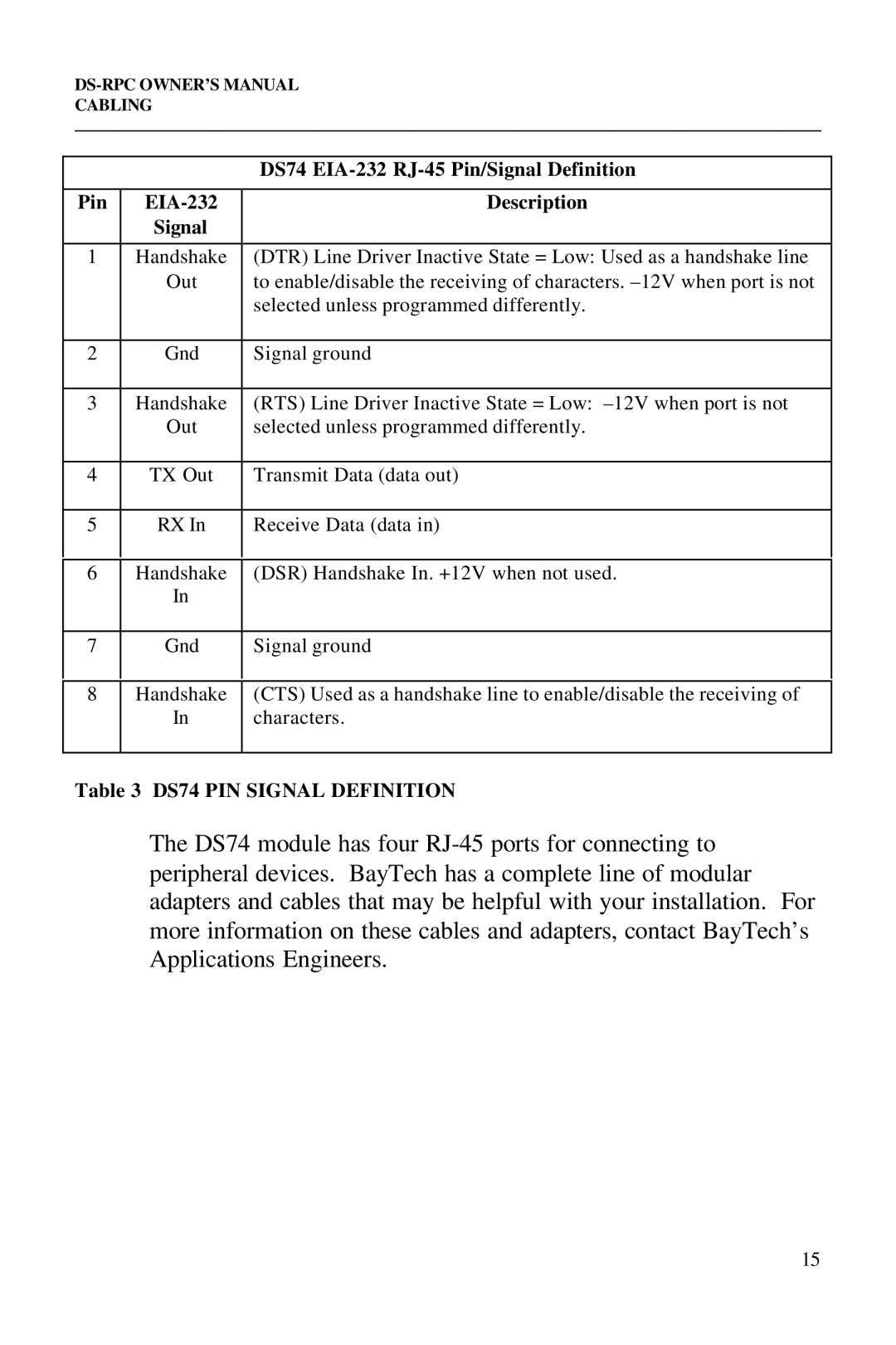 Bay Technical Associates DS2-RPC DS4-RPC, DS73, DS2-RPC, DS4-RPC owner manual DS74 EIA-232 RJ-45 Pin/Signal Definition 