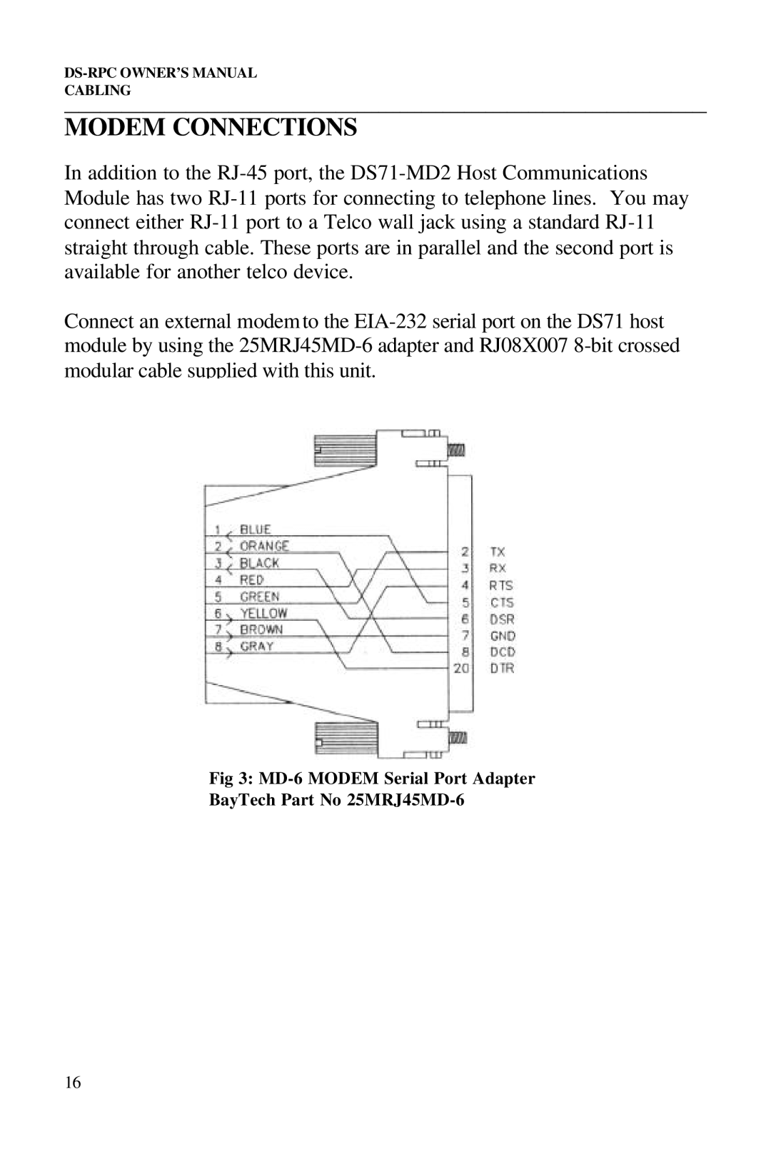 Bay Technical Associates DS73, DS2-RPC, DS4-RPC, DS2-RPC DS4-RPC owner manual Modem Connections 