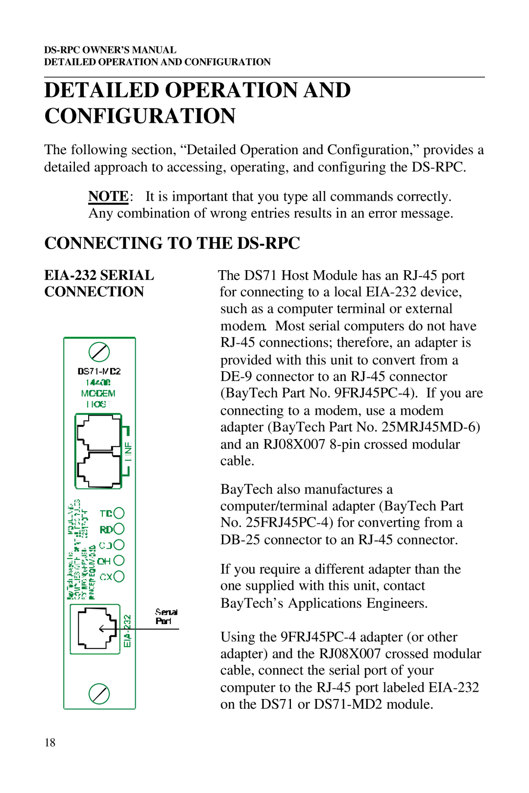 Bay Technical Associates DS2-RPC DS4-RPC, DS73 Detailed Operation Configuration, Connecting to the DS-RPC, EIA-232 Serial 