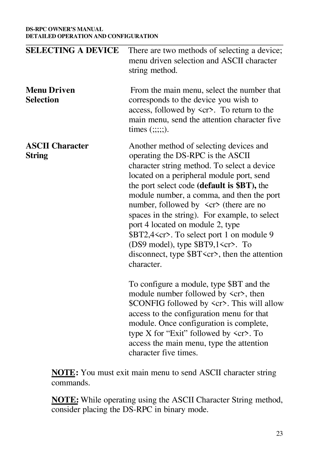 Bay Technical Associates DS2-RPC, DS4-RPC, DS73, DS2-RPC DS4-RPC owner manual Menu Driven, Selection, Ascii Character, String 