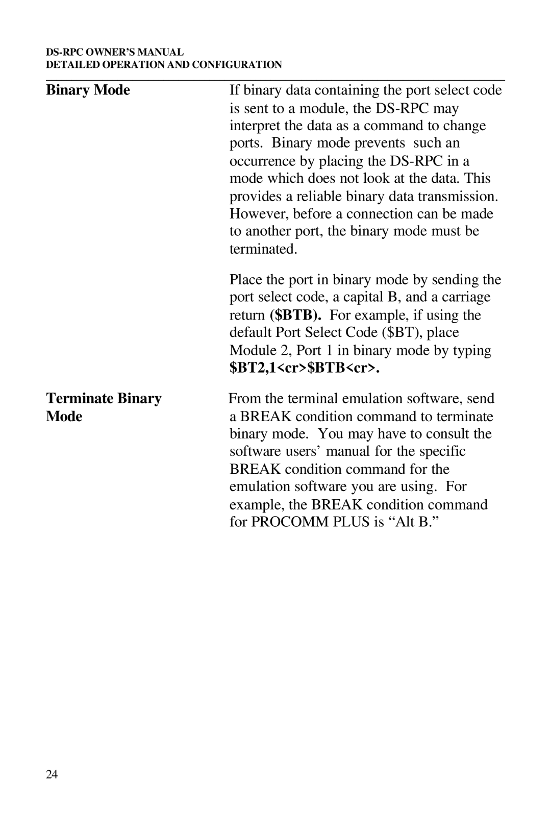 Bay Technical Associates DS2-RPC DS4-RPC, DS73, DS2-RPC, DS4-RPC owner manual Binary Mode, $BT2,1cr$BTBcr, Terminate Binary 