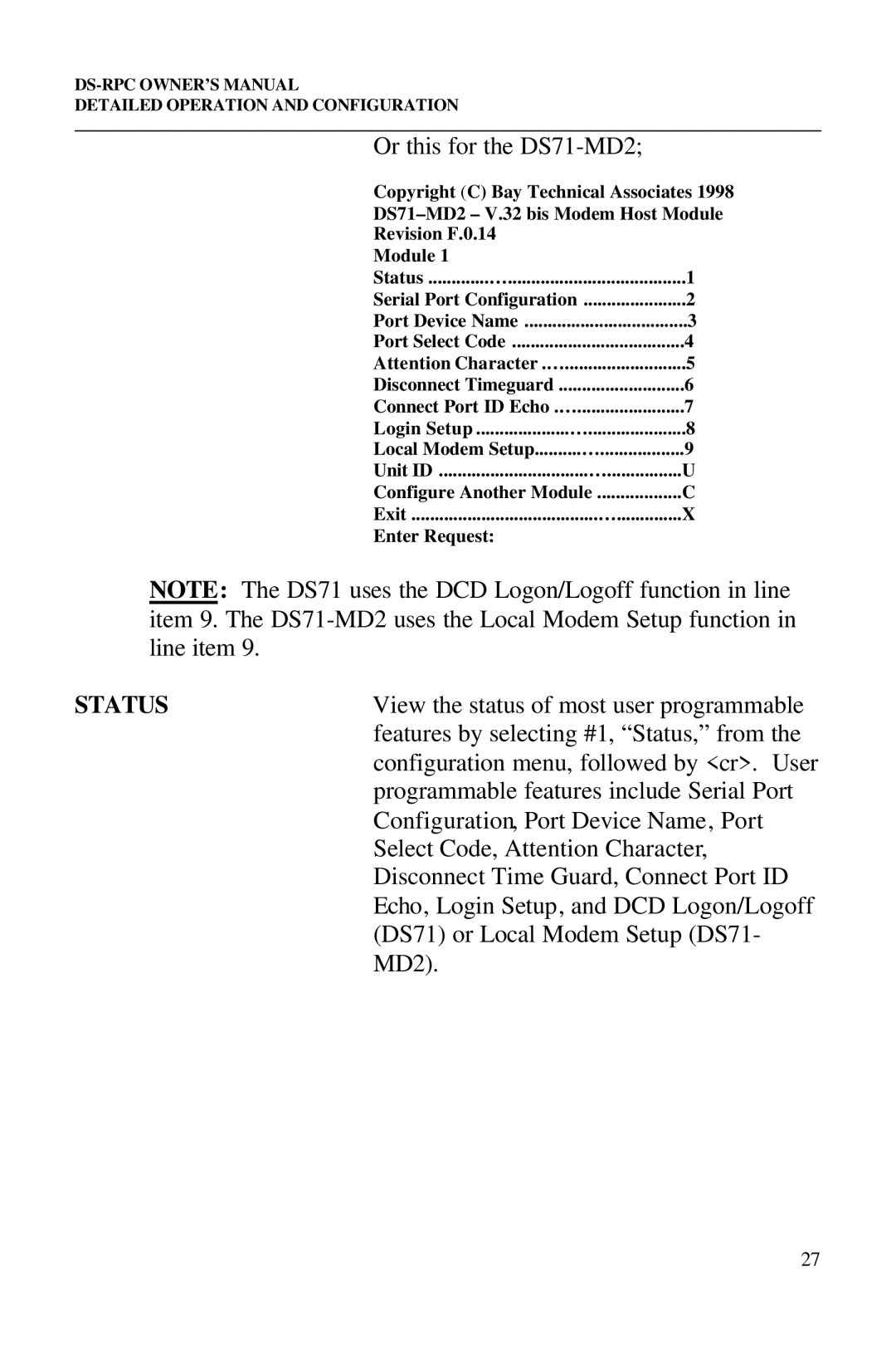 Bay Technical Associates DS2-RPC DS4-RPC, DS73, DS2-RPC, DS4-RPC owner manual Or this for the DS71-MD2, Status 