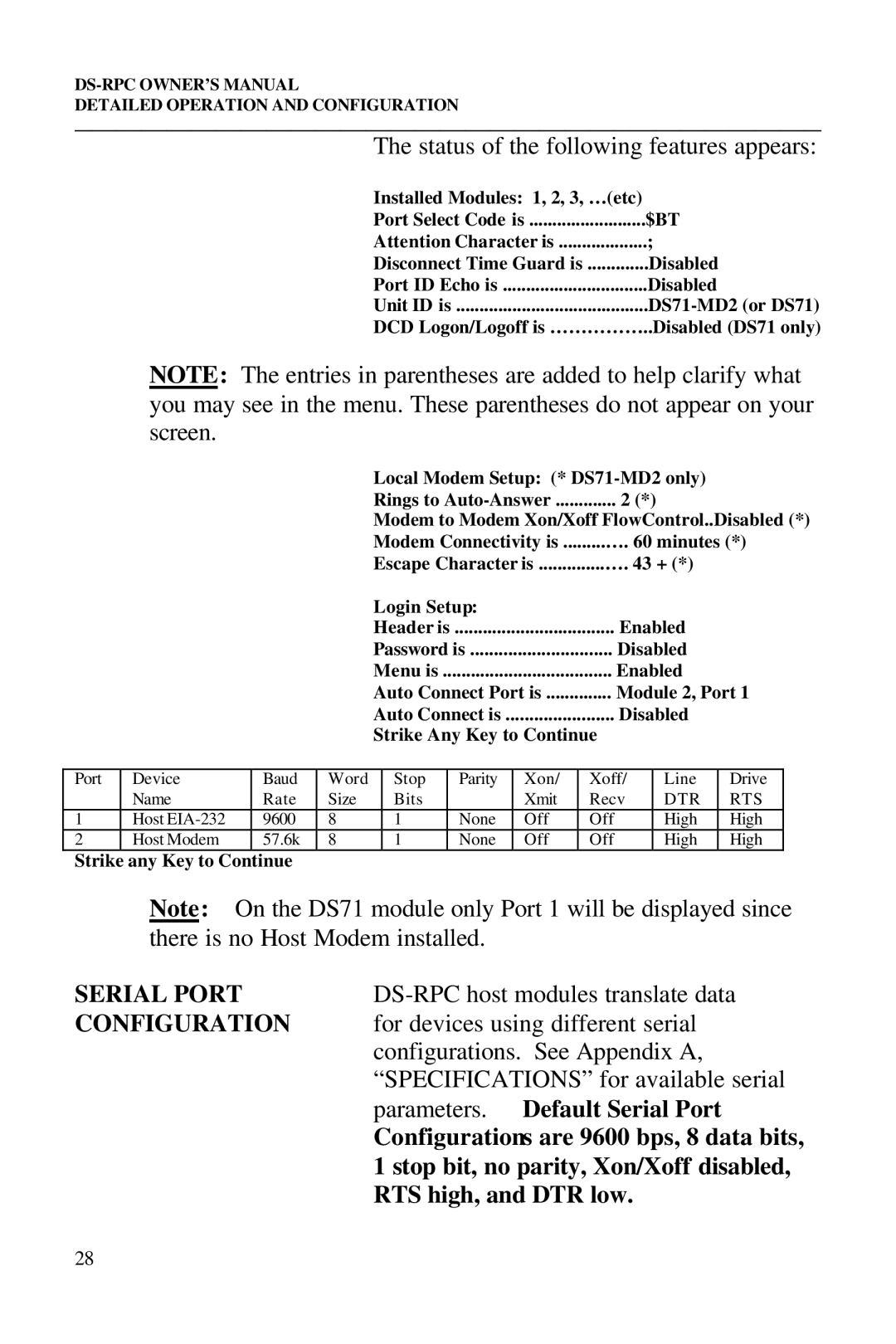 Bay Technical Associates DS73, DS2-RPC, DS4-RPC, DS2-RPC DS4-RPC owner manual Serial Port, Configuration 