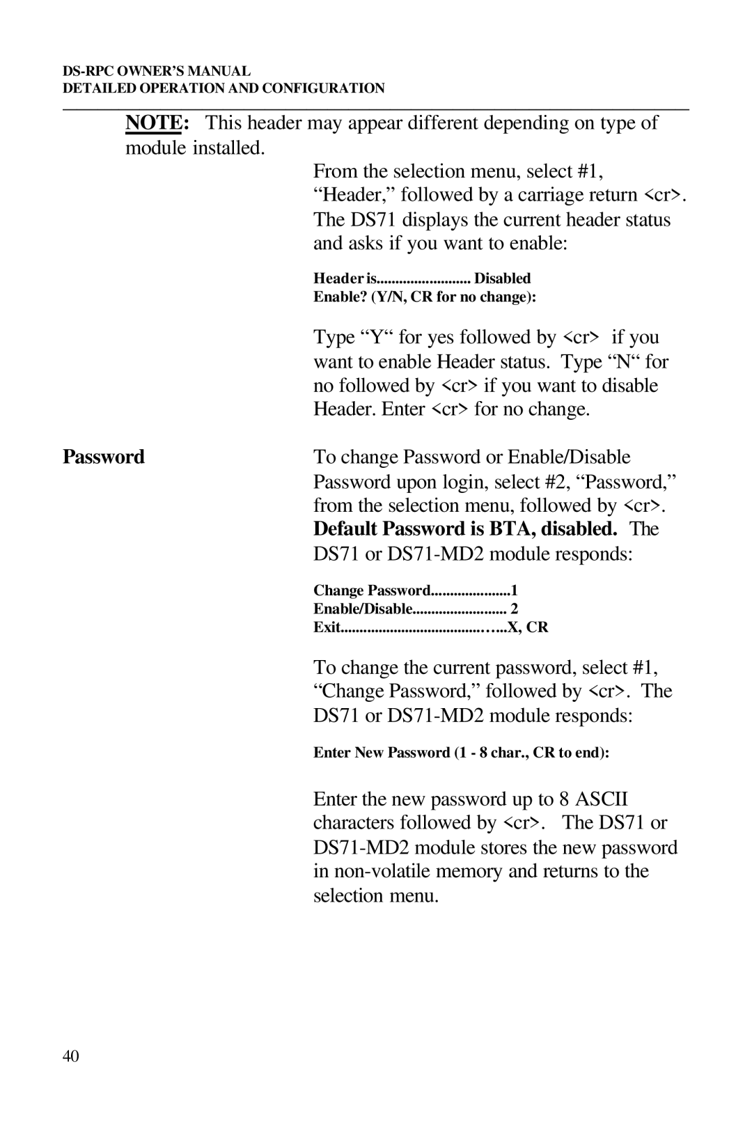 Bay Technical Associates DS73, DS2-RPC, DS4-RPC, DS2-RPC DS4-RPC owner manual Default Password is BTA, disabled 