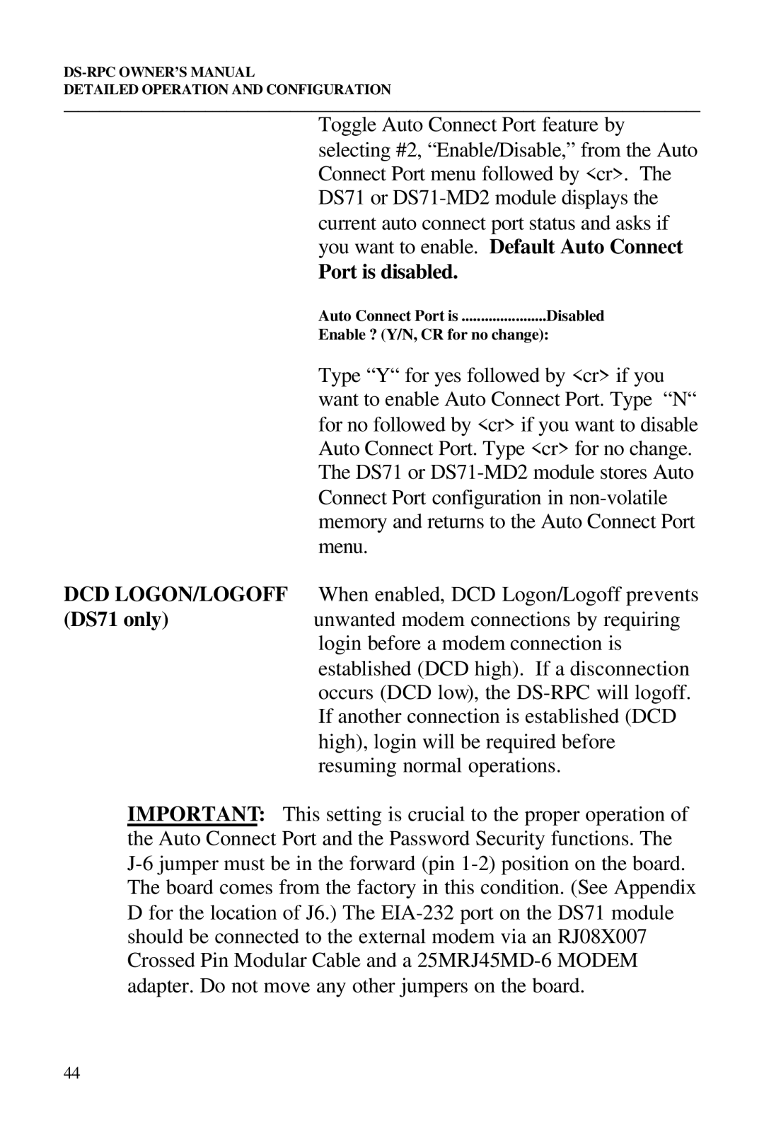 Bay Technical Associates DS2-RPC, DS4-RPC, DS73, DS2-RPC DS4-RPC owner manual Port is disabled 