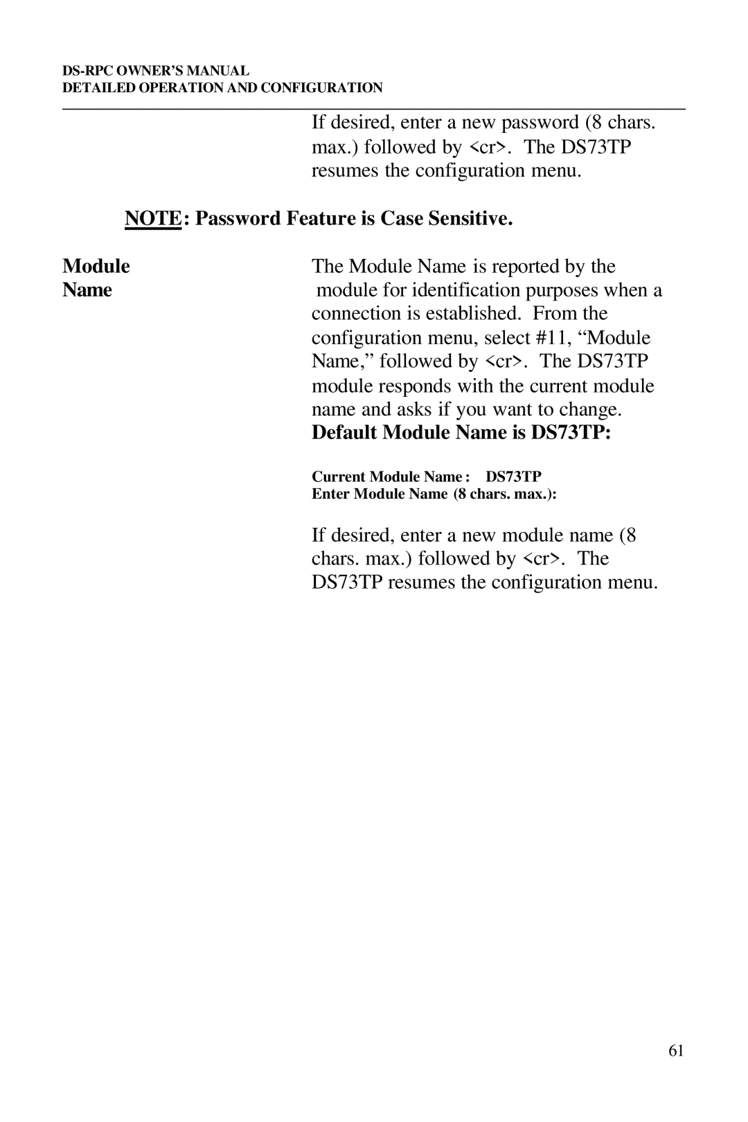 Bay Technical Associates DS2-RPC, DS4-RPC, DS2-RPC DS4-RPC owner manual Default Module Name is DS73TP 