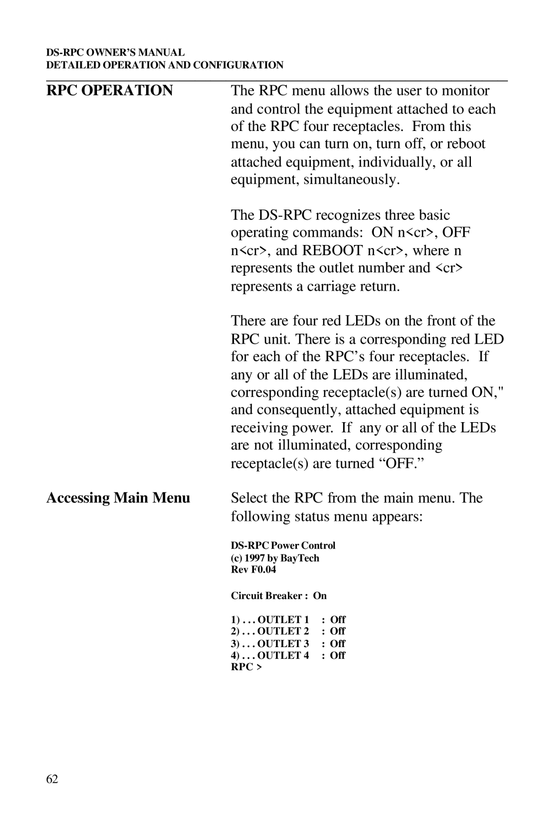 Bay Technical Associates DS2-RPC, DS4-RPC, DS73, DS2-RPC DS4-RPC owner manual RPC Operation, Accessing Main Menu 