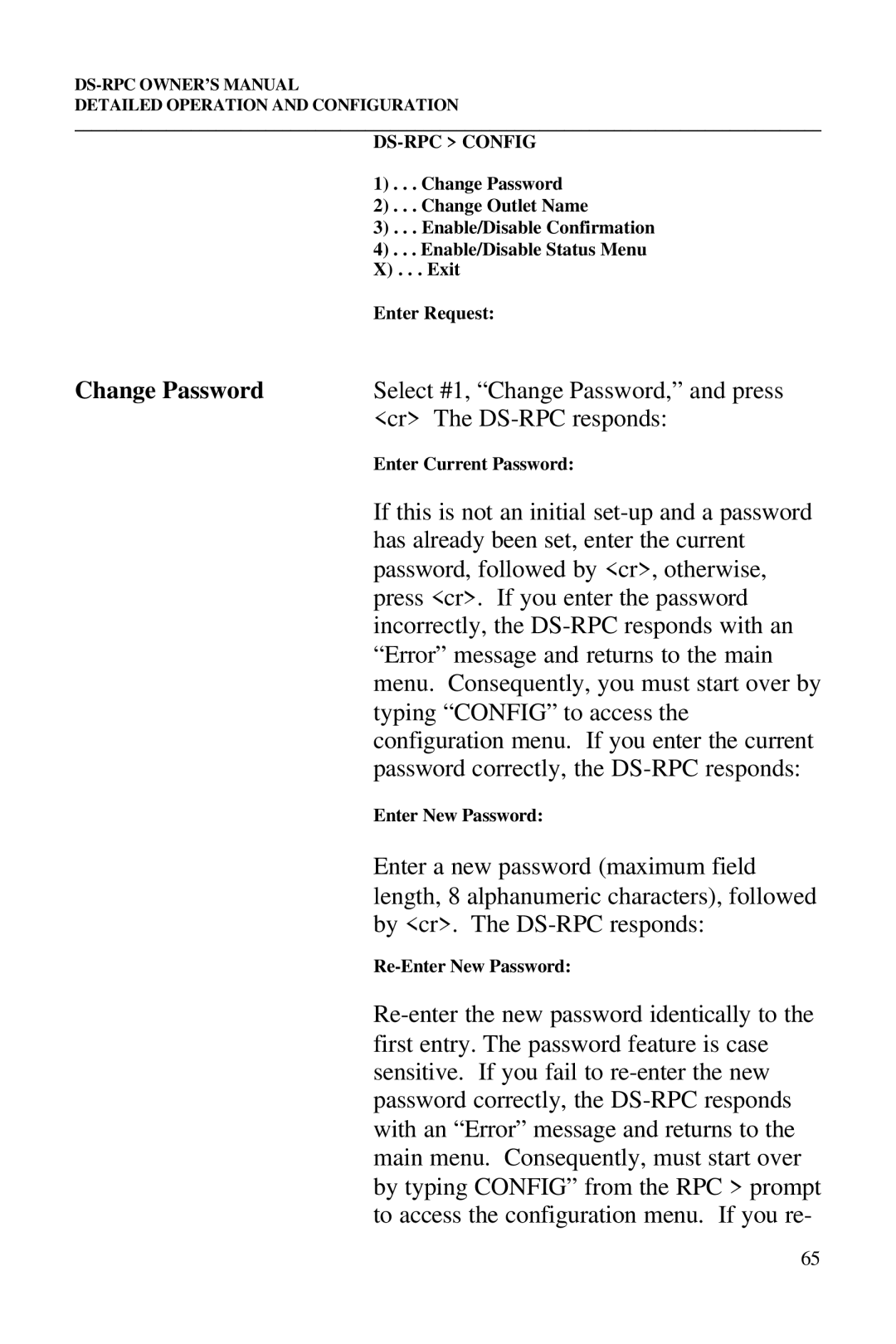 Bay Technical Associates DS2-RPC, DS4-RPC, DS73, DS2-RPC DS4-RPC owner manual Change Password, DS-RPC Config 