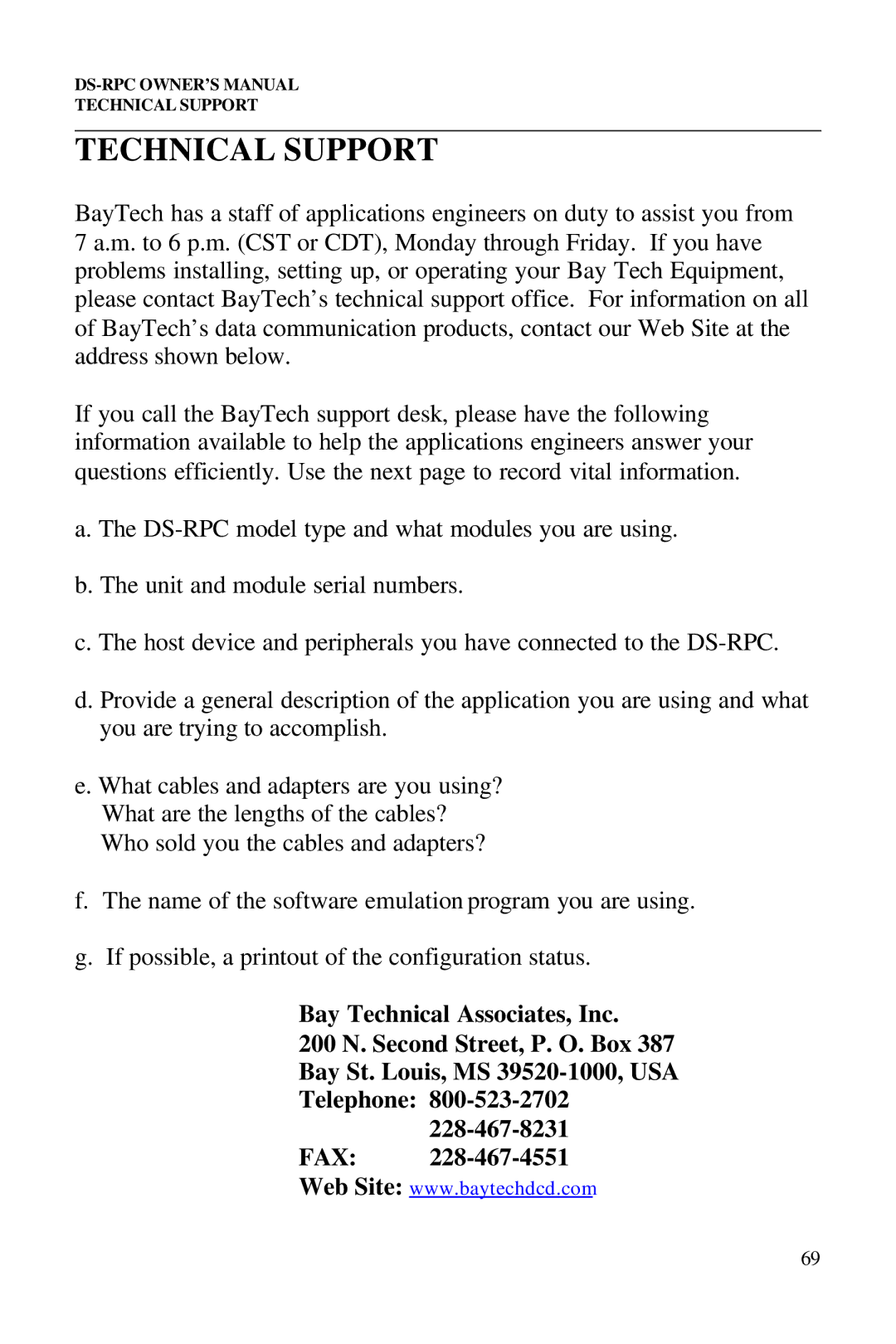 Bay Technical Associates DS2-RPC DS4-RPC, DS73, DS2-RPC, DS4-RPC owner manual Technical Support 