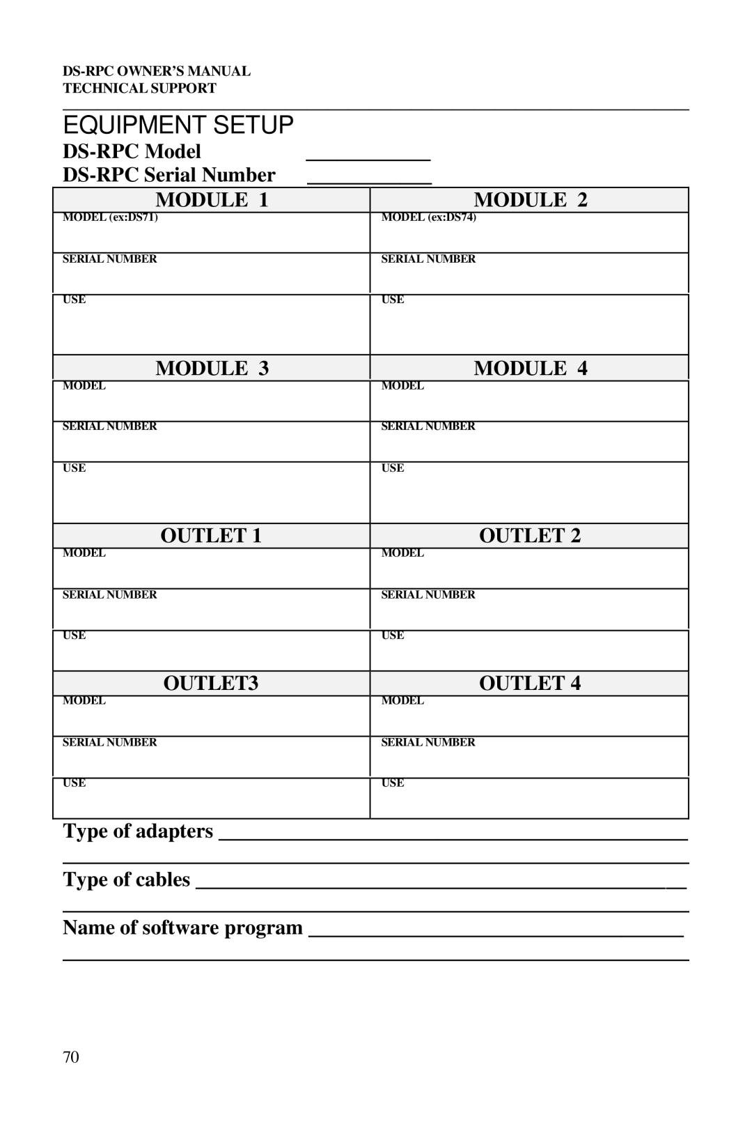 Bay Technical Associates DS73, DS2-RPC, DS4-RPC owner manual DS-RPC Model DS-RPC Serial Number, Module, OUTLET3 Outlet 