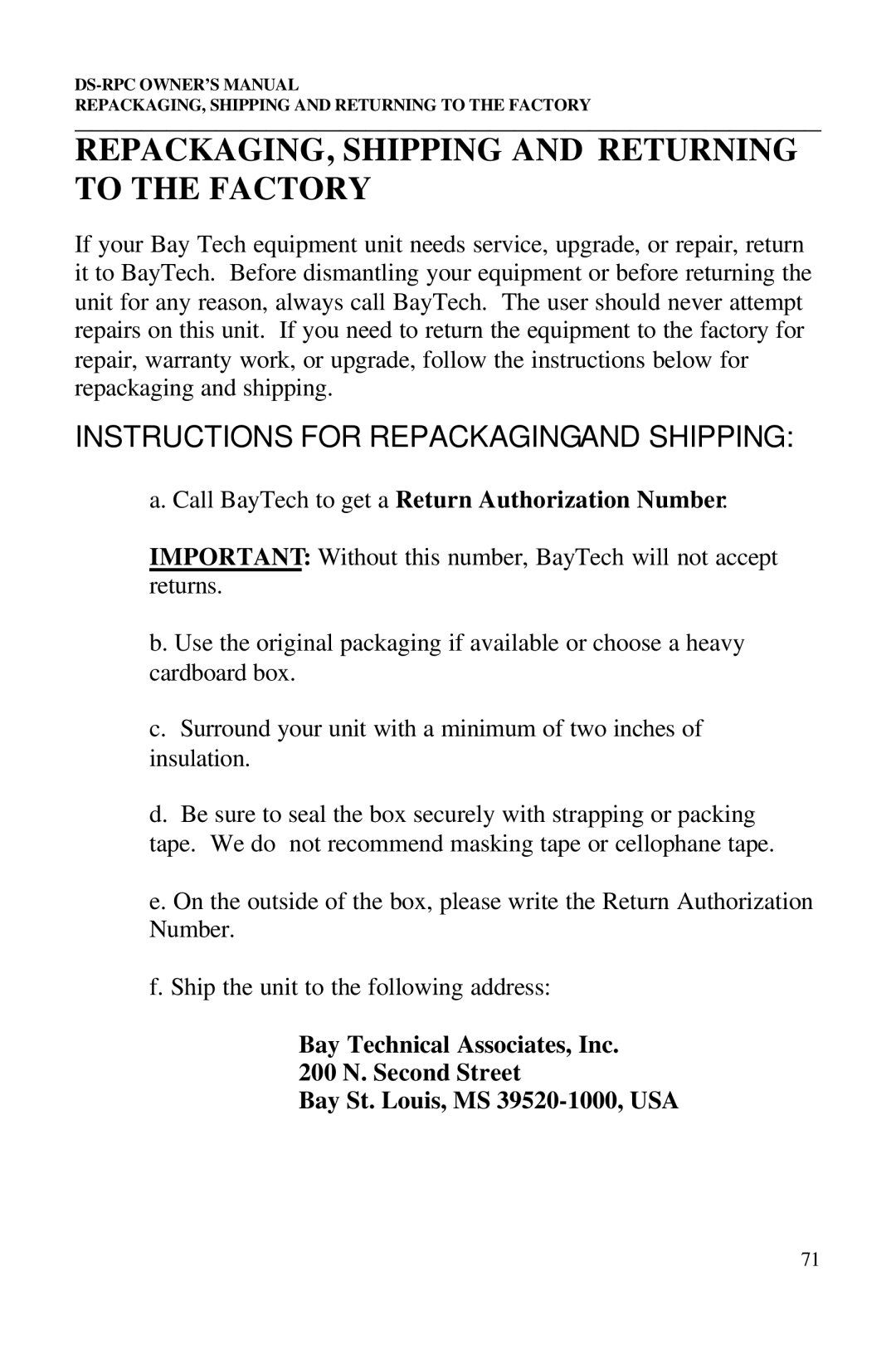 Bay Technical Associates DS2-RPC, DS4-RPC, DS73, DS2-RPC DS4-RPC REPACKAGING, Shipping and Returning to the Factory 