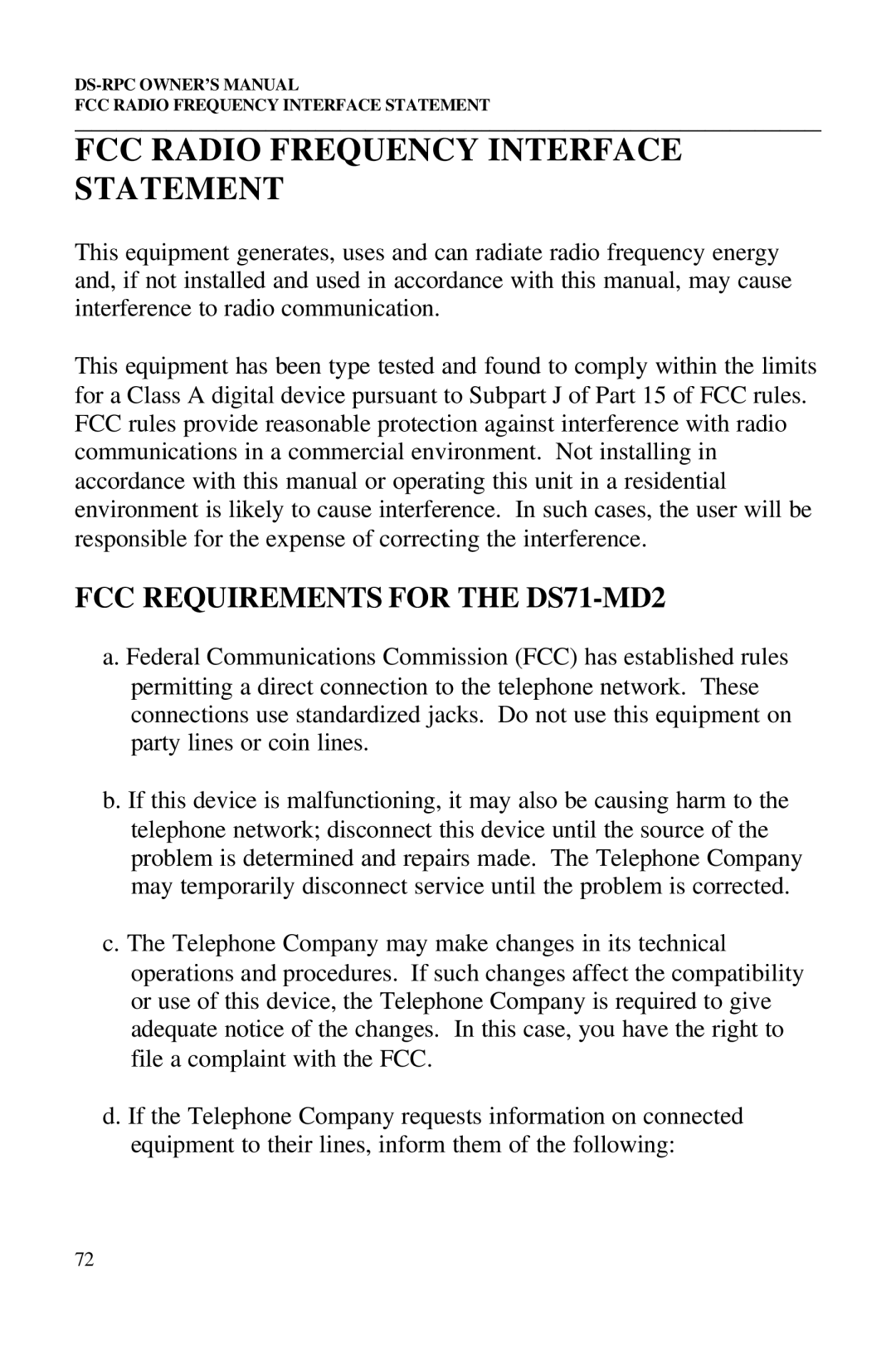 Bay Technical Associates DS2-RPC DS4-RPC, DS73 FCC Radio Frequency Interface Statement, FCC Requirements for the DS71-MD2 