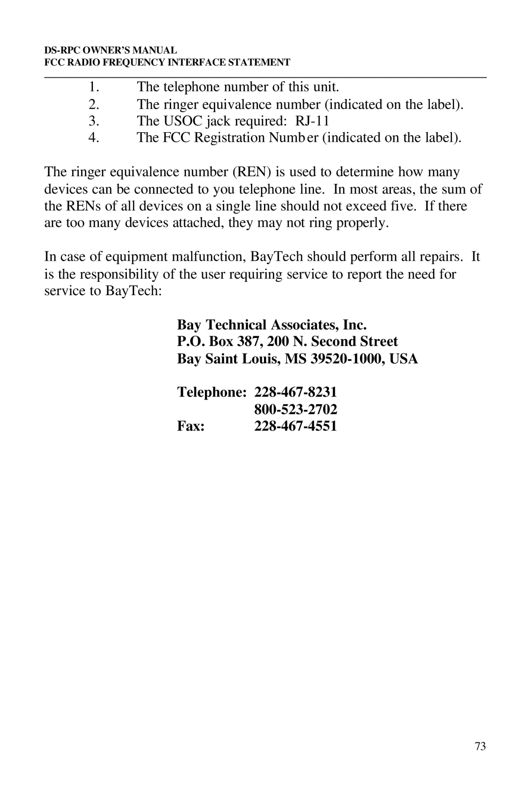 Bay Technical Associates DS73, DS2-RPC, DS4-RPC, DS2-RPC DS4-RPC owner manual FCC Radio Frequency Interface Statement 