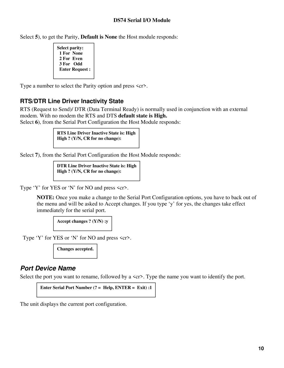 Bay Technical Associates DS74 manual Port Device Name, RTS/DTR Line Driver Inactivity State 