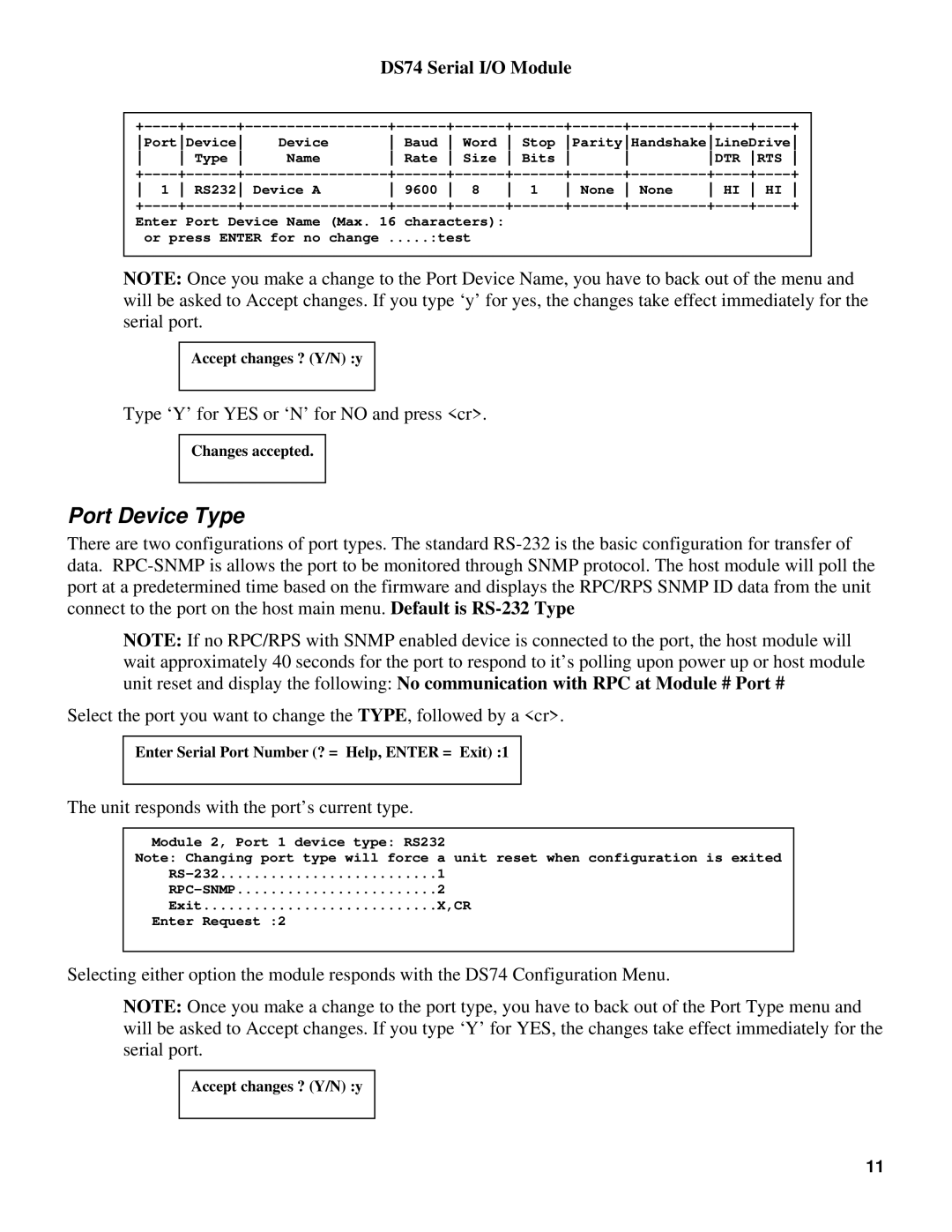 Bay Technical Associates DS74 manual Port Device Type, Unit responds with the port’s current type 