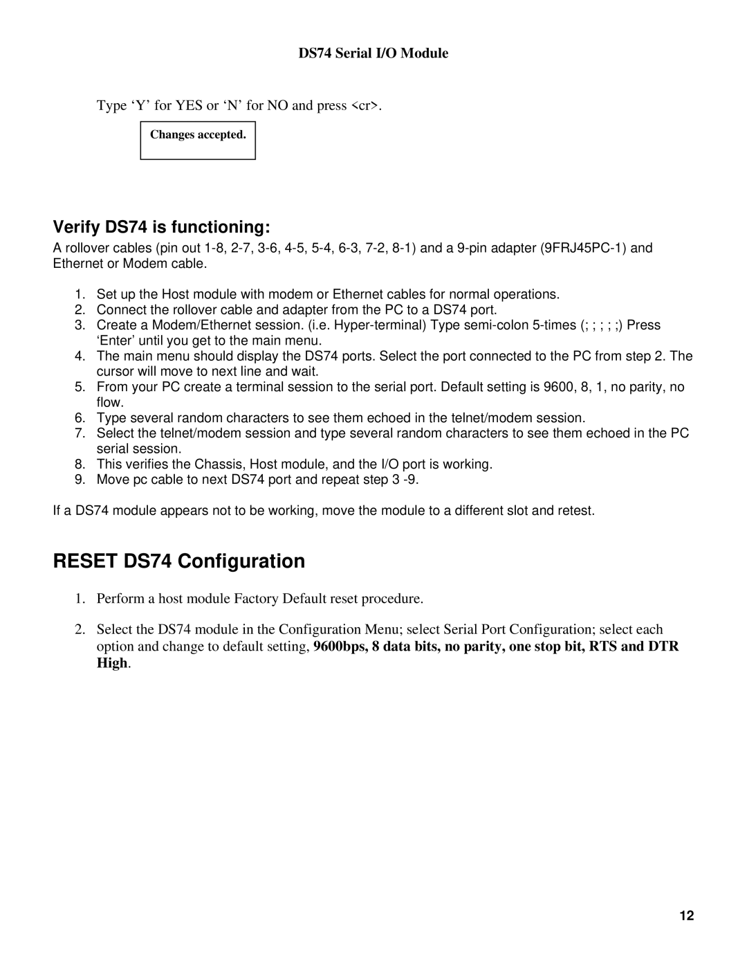 Bay Technical Associates manual Reset DS74 Configuration, Verify DS74 is functioning 