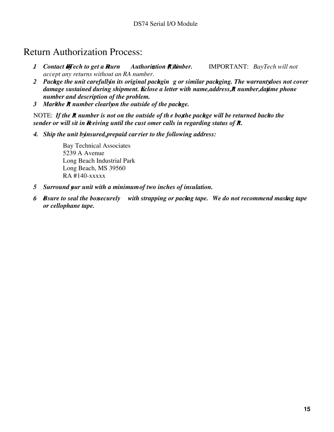 Bay Technical Associates DS74 manual Return Authorization Process 