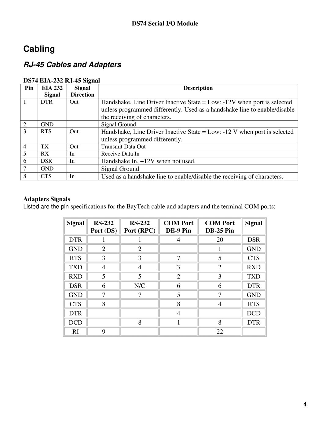 Bay Technical Associates manual Cabling, RJ-45 Cables and Adapters, DS74 EIA-232 RJ-45 Signal, Adapters Signals 