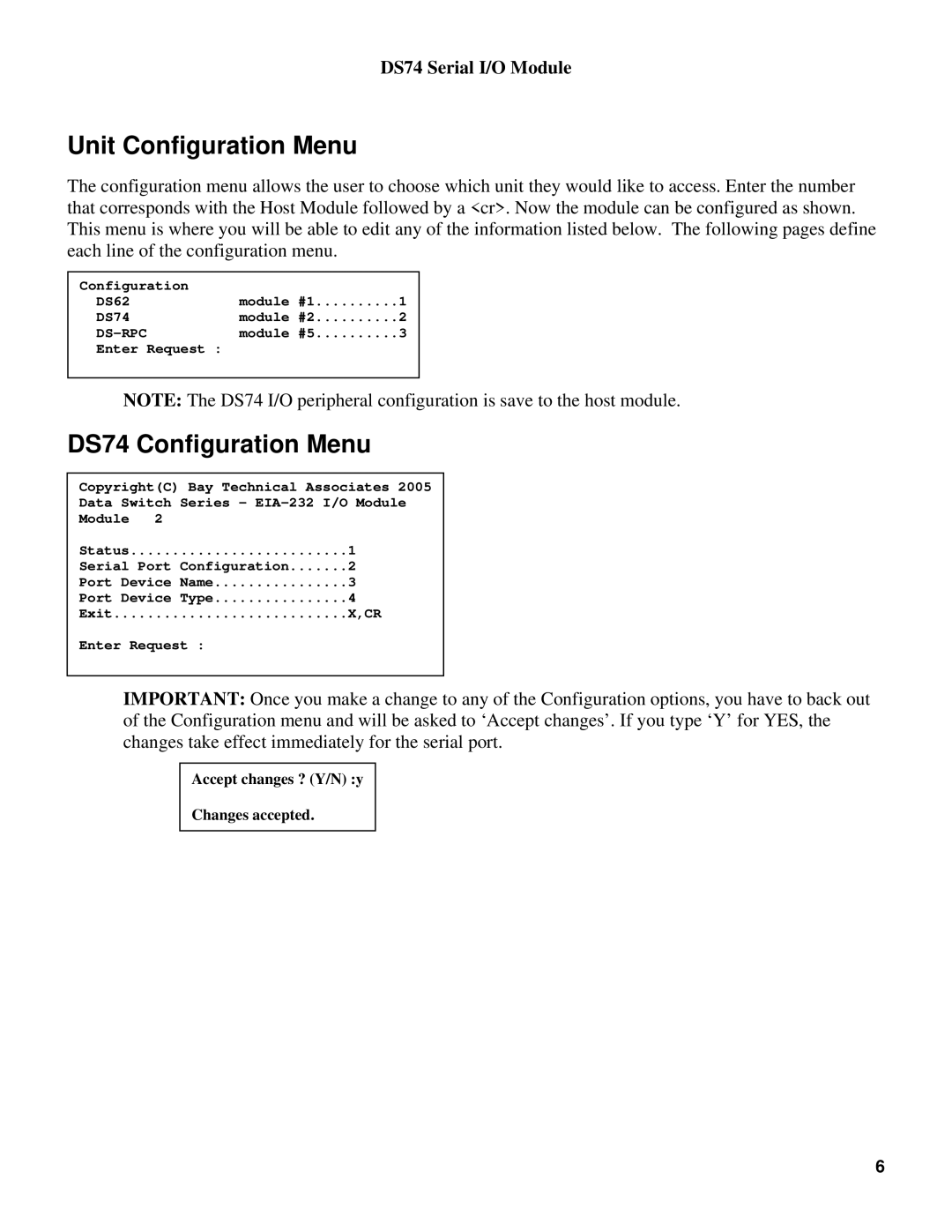 Bay Technical Associates manual Unit Configuration Menu, DS74 Configuration Menu 