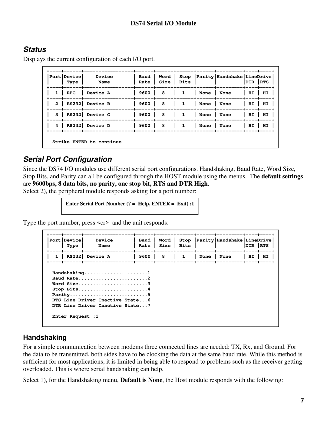 Bay Technical Associates DS74 manual Status, Serial Port Configuration, Handshaking 