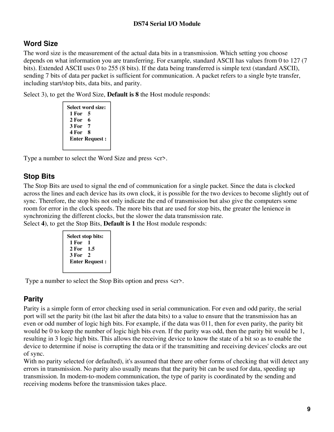 Bay Technical Associates DS74 manual Word Size, Stop Bits, Parity 