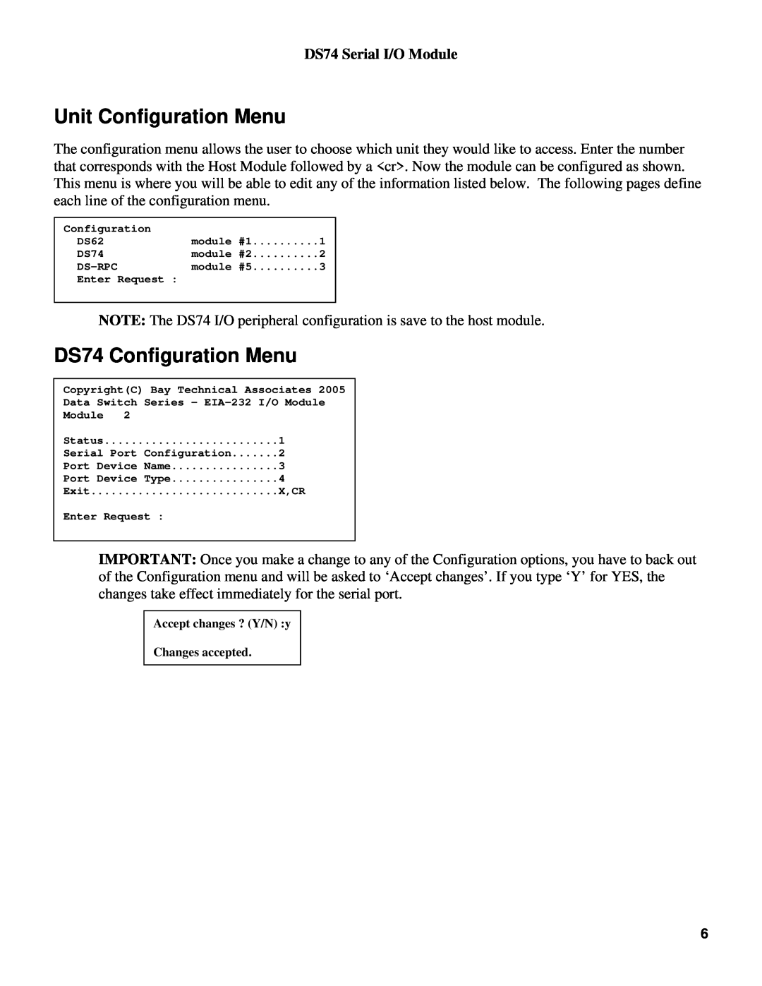 Bay Technical Associates manual Unit Configuration Menu, DS74 Configuration Menu, DS74 Serial I/O Module 