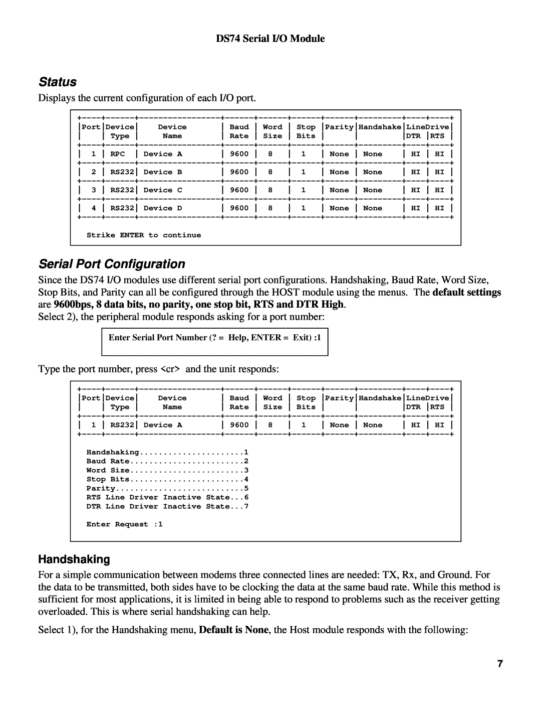 Bay Technical Associates manual Status, Serial Port Configuration, Handshaking, DS74 Serial I/O Module 