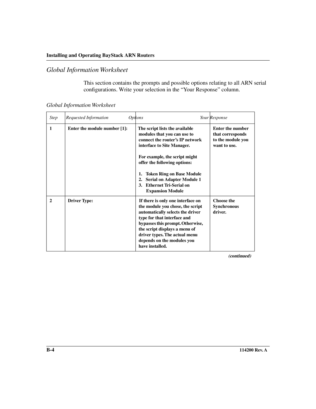 Bay Technical Associates none manual Global Information Worksheet, Step Requested Information Options Your Response 